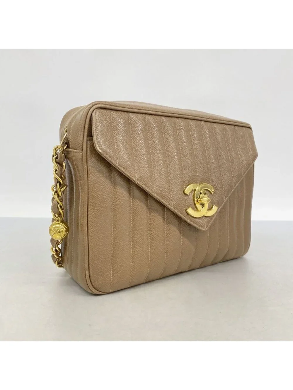 Chanel Shoulder Bag Mademoiselle Jumbo CC Logo Caviar Leather Light Brown Gold